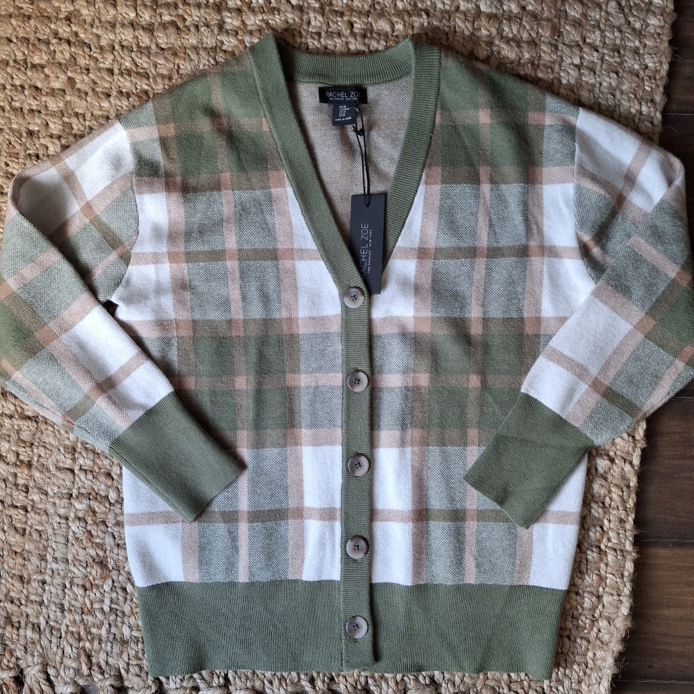 Rachel zoe plaid print V-nick sweater cardigan size medium college‎ contemporary